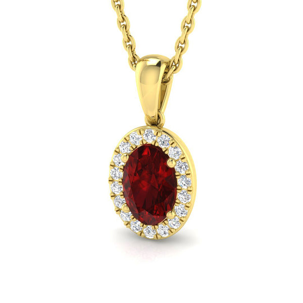 18ct Yellow Gold 0.61ct Oval Cut Ruby And 0.09ct Diamond Halo Necklace
