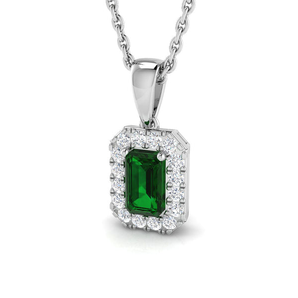 18ct White Gold 0.29ct Emerald And 0.10ct Diamond Halo Necklace