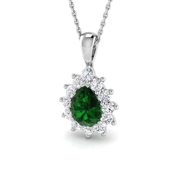 18ct White Gold 0.92ct Pear Cut Emerald And 0.49ct Diamond Cluster Necklace
