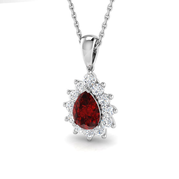 18ct White Gold 0.80ct Pear Cut Ruby And 0.36ct Diamond Cluster Necklace