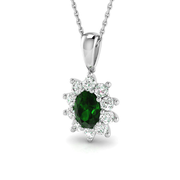 18ct White Gold 0.74ct Oval Cut Emerald And 0.50ct Diamond Cluster Necklace