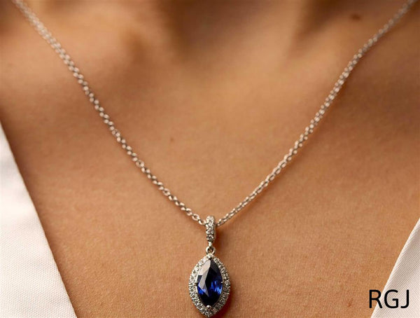 The Skye Platinum Marquise Cut 1.65ct Blue Sapphire And 0.23ct Diamond Necklace