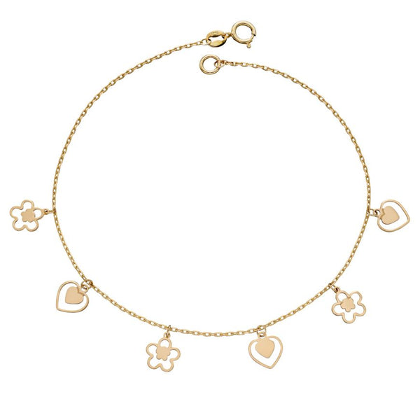 9ct yellow gold hearts and flowers charm bracelet