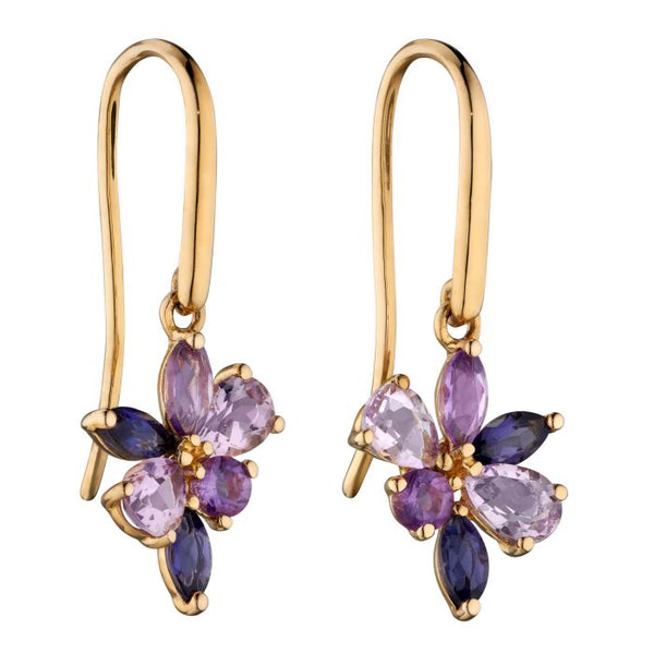 9ct Yellow Gold Amethyst And Iolite Cluster Drop Earrings GE2368M