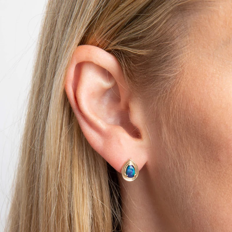 9ct Yellow Gold Australian Blue Opal Teardrop Stud Earrings GE2522L