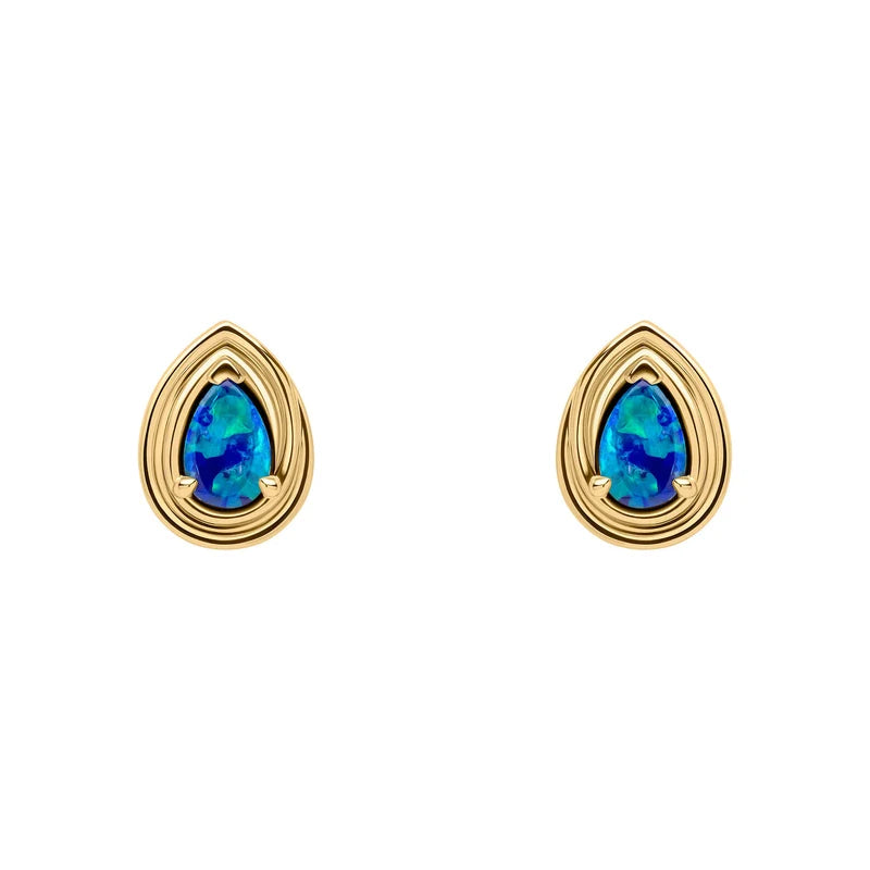 9ct Yellow Gold Australian Blue Opal Teardrop Stud Earrings GE2522L