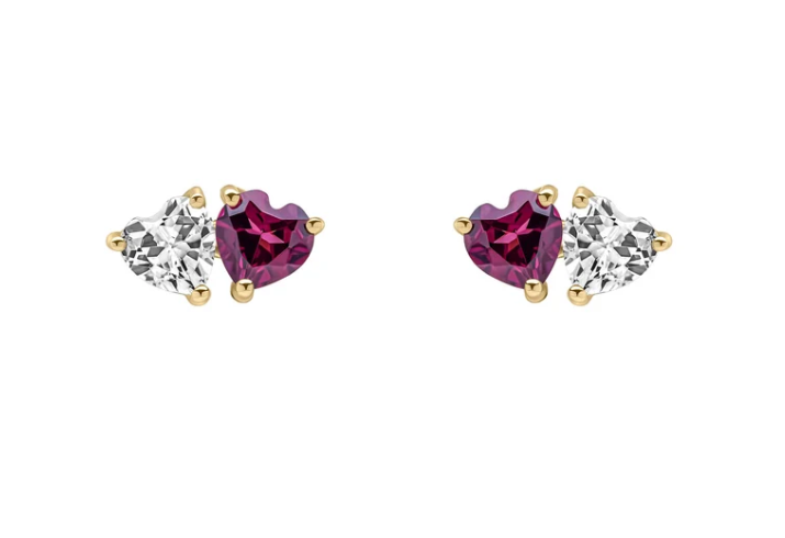 9ct Yellow Gold Toi Et Moi White Topaz And Rhodolite Garnet Heart Stud Earrings GE2494
