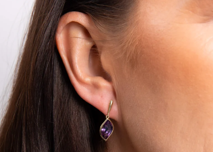 9ct Yellow Gold Flame Cut Amethyst Drop Earrings GE2516M