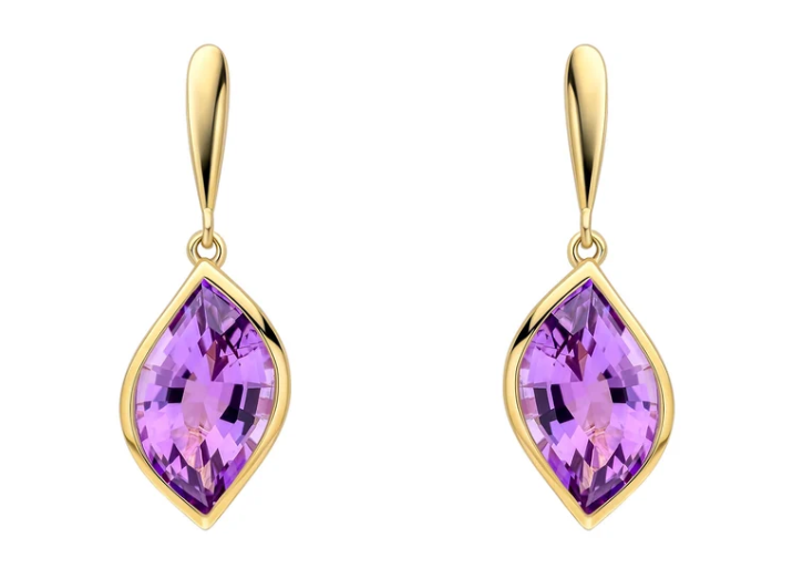 9ct Yellow Gold Flame Cut Amethyst Drop Earrings GE2516M