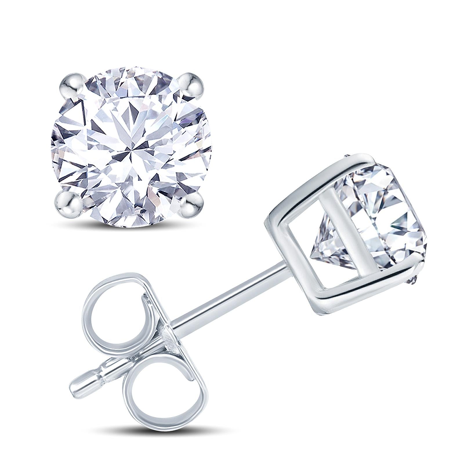 18ct white gold round brilliant cut diamond four claw basket stud earrings side setting view