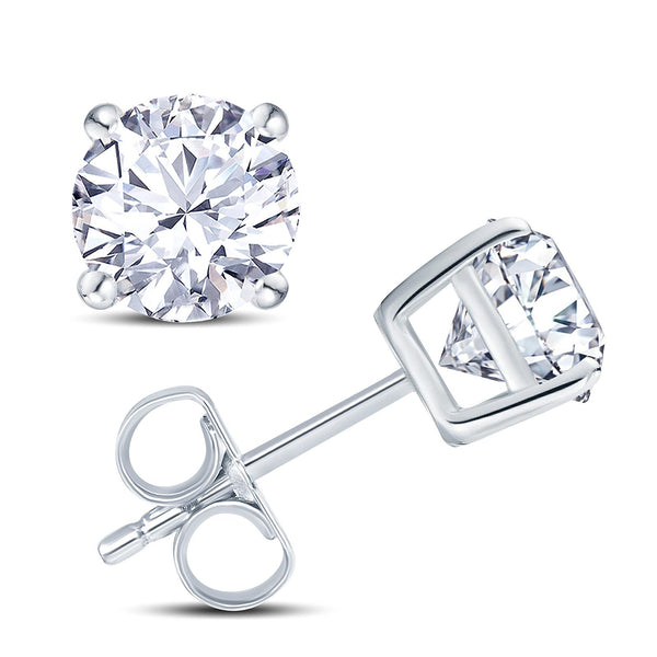 18ct white gold round brilliant cut diamond four claw basket stud earrings side setting view