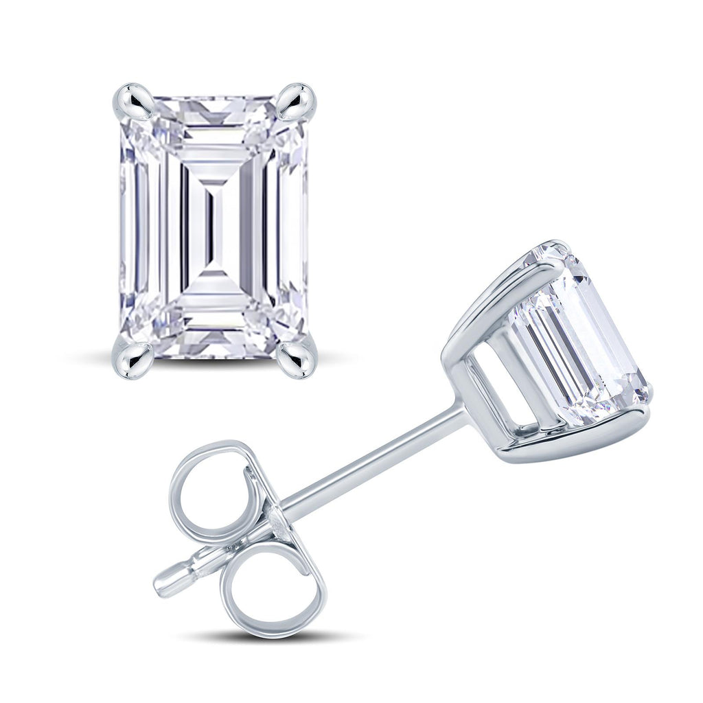 18ct White Gold Emerald Cut Diamond Four Claw Stud Earrings
