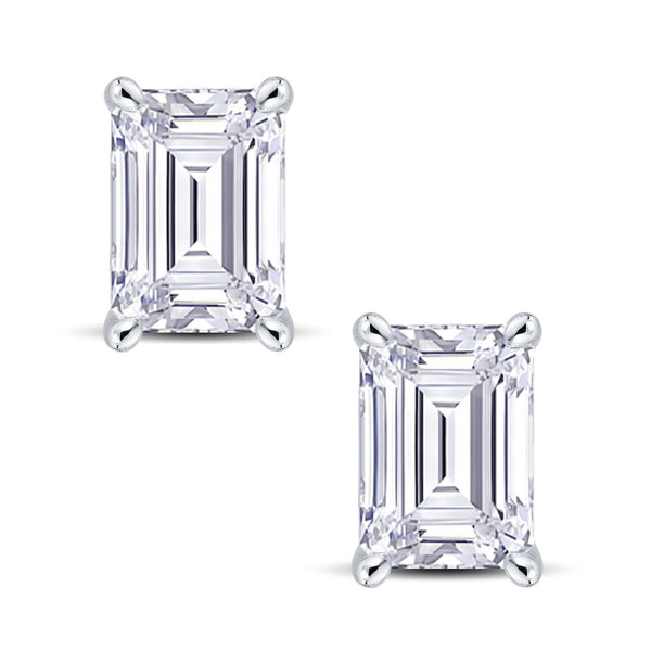 18ct white gold emerald cut diamond four claw stud earrings