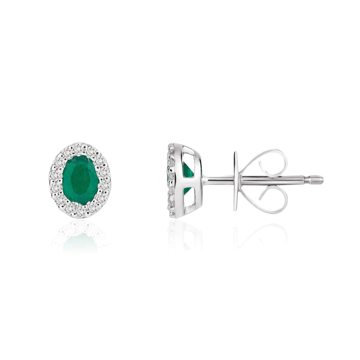 18ct White Gold 0.29ct Oval Cut Emerald And 0.08ct Diamond Halo Stud Earrings
