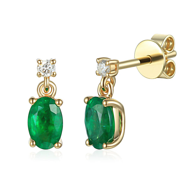 18ct Yellow Gold 0.84ct Oval Cut Emerald And 0.06ct Diamond Drop Earrings