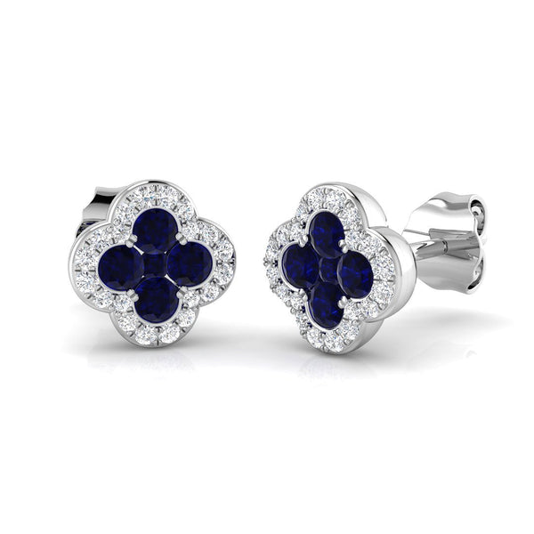18ct White Gold 0.43ct Blue Sapphire And 0.12ct Diamond Clover Stud Earrings