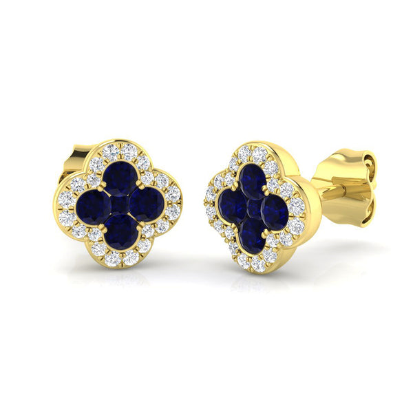 18ct Yellow Gold 0.43ct Blue Sapphire And 0.16ct Diamond Clover Stud Earrings