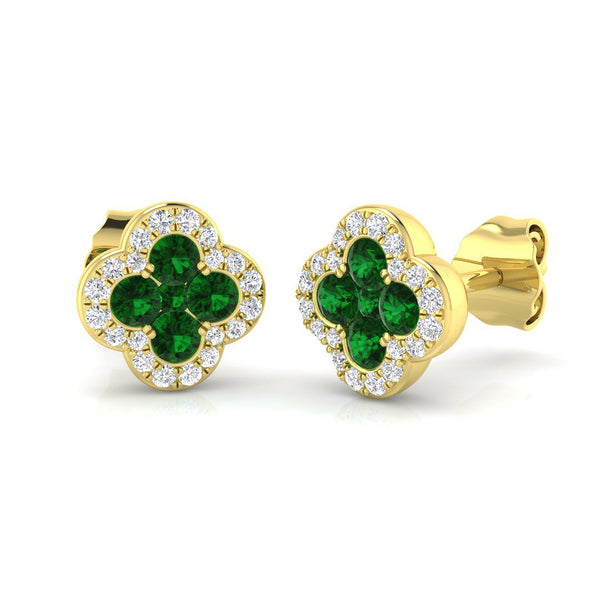 18ct Yellow Gold 0.33ct Emerald And 0.12ct Diamond Clover Stud Earrings