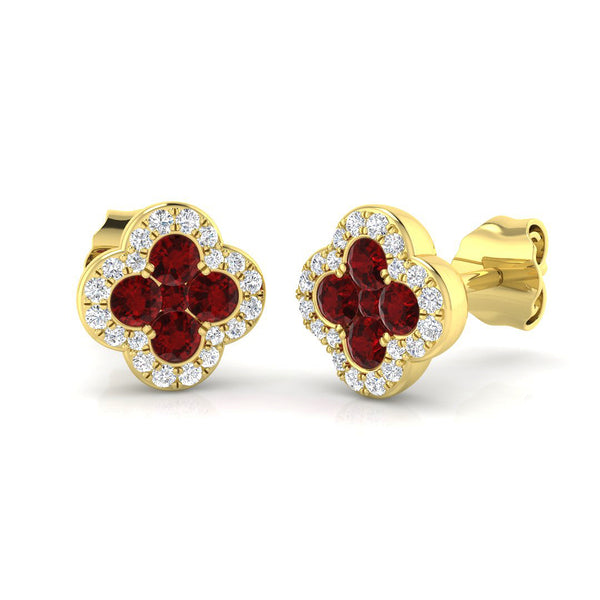 18ct Yellow Gold 0.53ct Ruby And 0.10ct Diamond Clover Stud Earrings