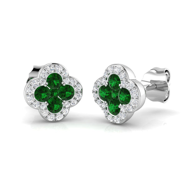 18ct White Gold 0.38ct Emerald And 0.12ct Diamond Clover Stud Earrings