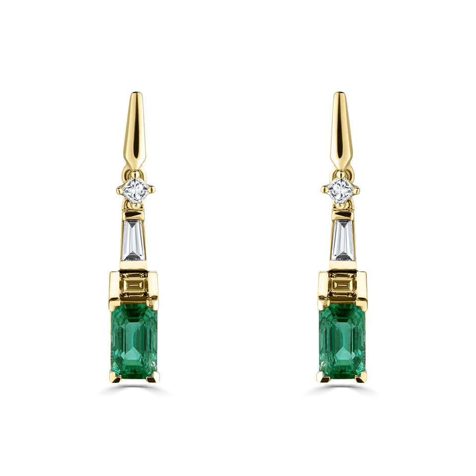 18ct Yellow Gold 0.65ct Emerald And 0.21ct Diamond Mixed Cut Art Deco Style Drop Earrings