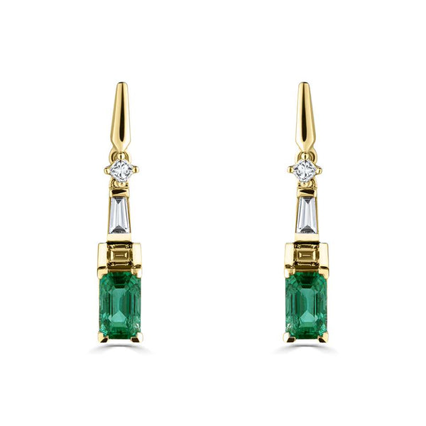 18ct Yellow Gold 0.65ct Emerald And 0.21ct Diamond Mixed Cut Art Deco Style Drop Earrings