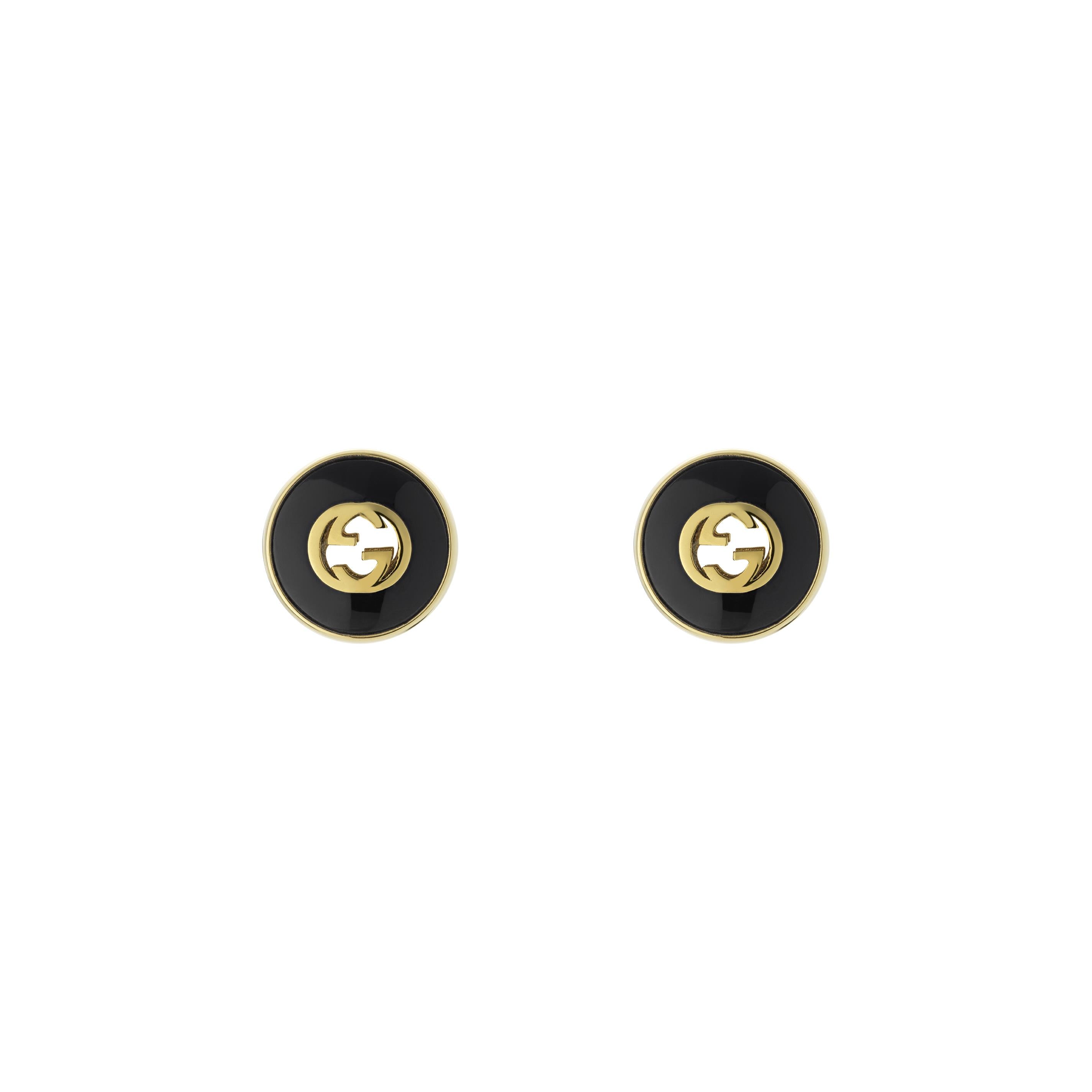 Gucci Interlocking 18ct Yellow Gold Black Onyx Stud Earrings YBD786554
