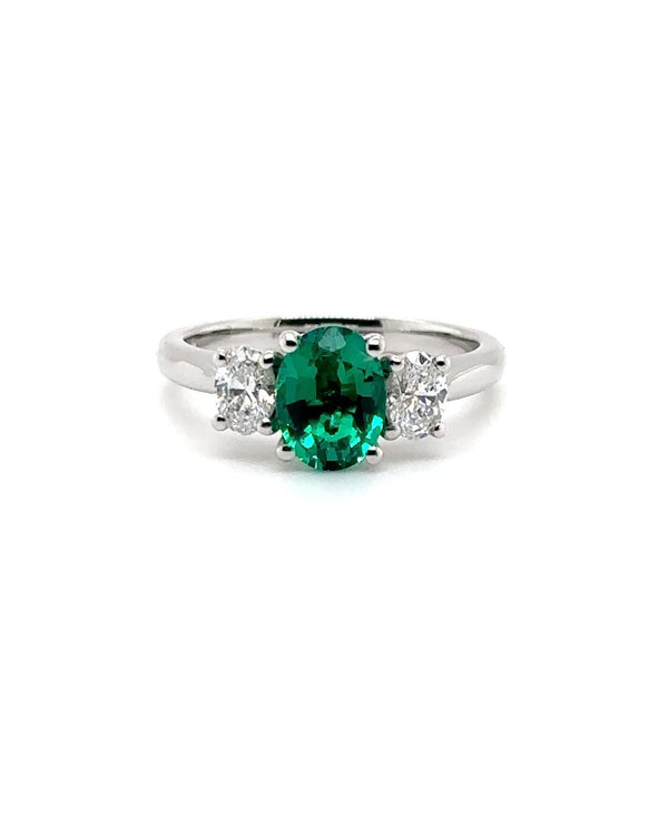 Platinum 1.18ct Emerald And 0.52ct Diamond Laboratory Grown Three Stone Ring