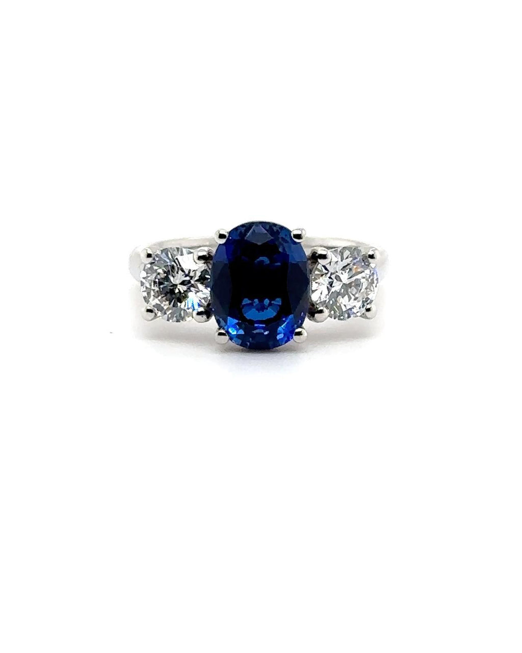 Platinum 2.60ct Blue Sapphire And 1.10ct Diamond Laboratory Grown Three Stone Ring