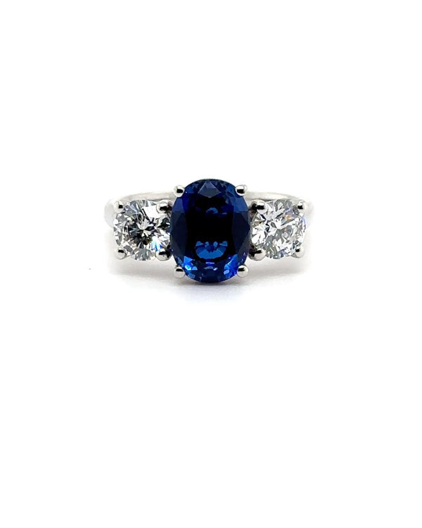 Platinum 2.63ct Blue Sapphire And 1.10ct Diamond Laboratory Grown Three Stone Ring