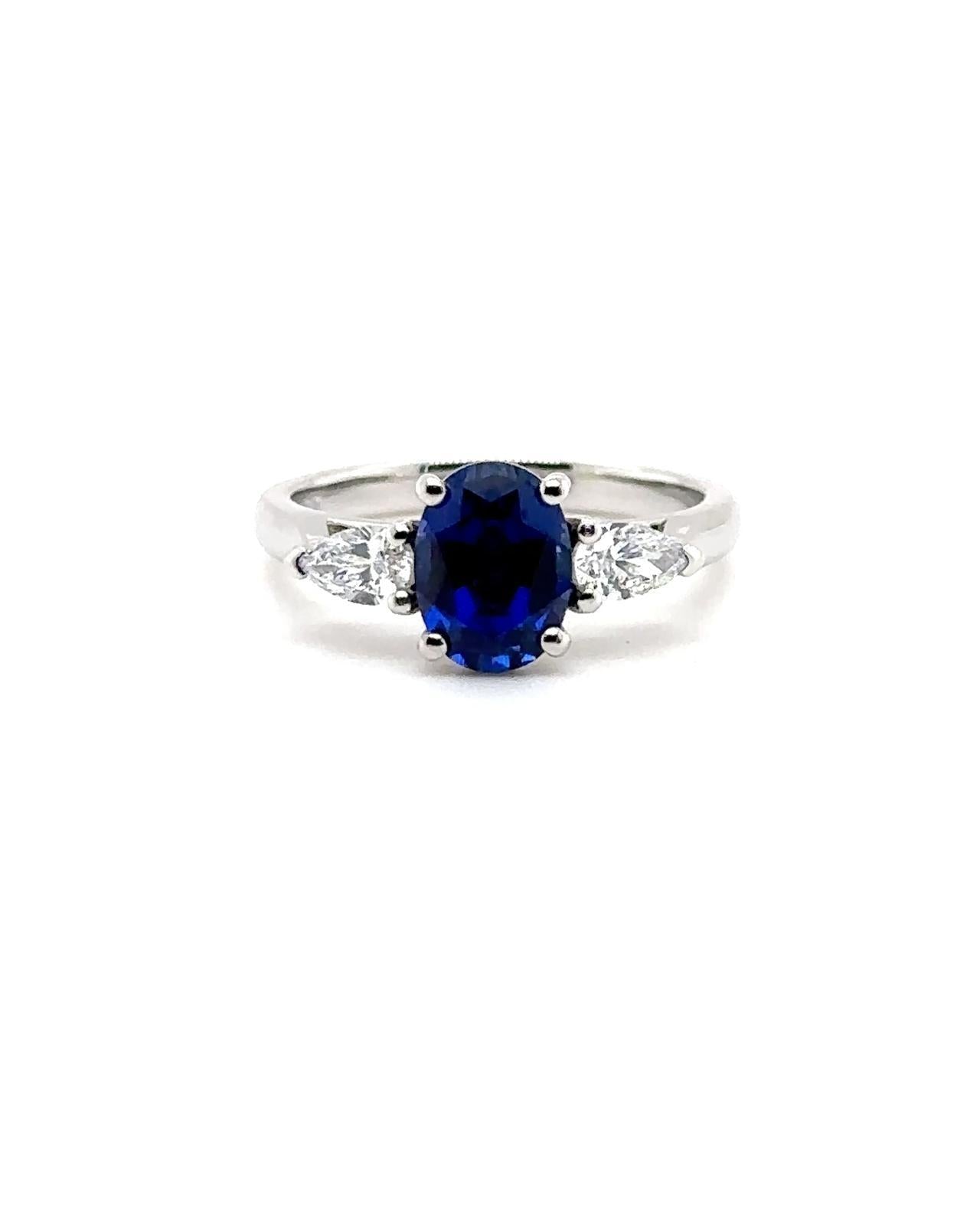 Platinum 1.63ct Blue Sapphire And 0.37ct Diamond Laboratory Grown Three Stone Ring