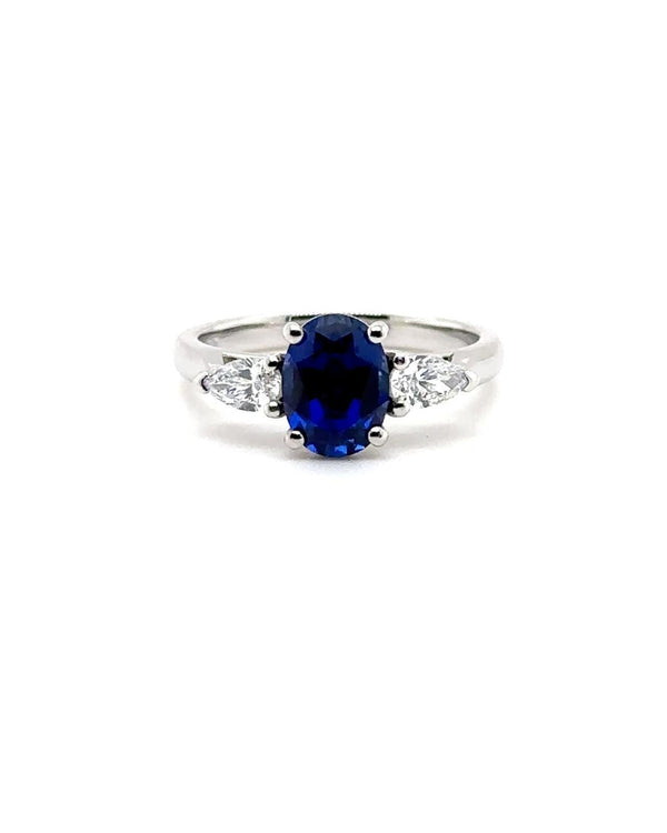 Platinum 1.63ct Blue Sapphire And 0.37ct Diamond Laboratory Grown Three Stone Ring