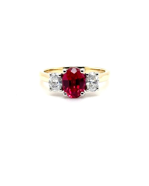 18ct Yellow Gold 1.55ct Ruby And 0.52ct Diamond Laboratory Grown Three Stone Ring
