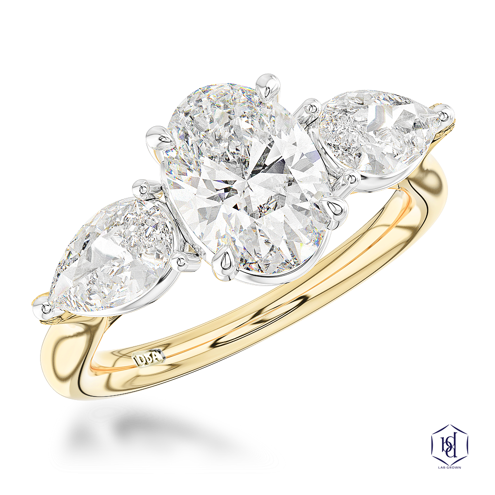 18ct Yellow Gold 1.52ct Oval And 1.01ct Pear Cut Laboratory Grown Diamond Three Stone Engagement Ring