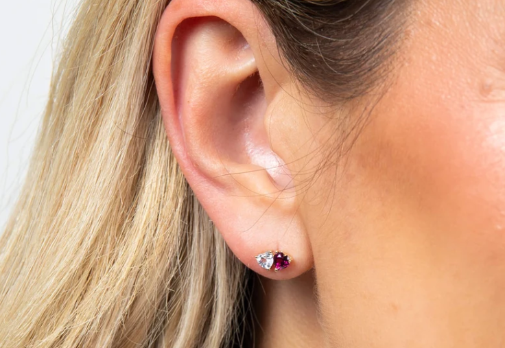 9ct Yellow Gold Toi Et Moi White Topaz And Rhodolite Garnet Heart Stud Earrings GE2494