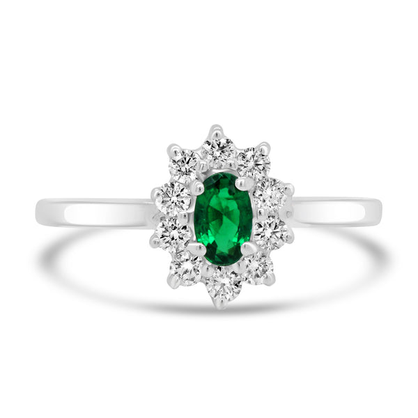 18ct White Gold 0.23ct Oval Cut Emerald And 0.27ct Round Brilliant Cut Diamond Cluster Ring