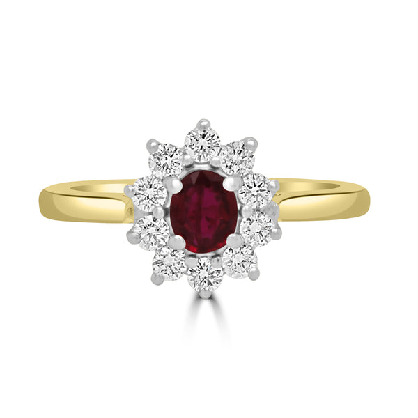 18ct Yellow And White Gold 0.40ct Oval Cut Ruby And 0.32ct Round Brilliant Cut Diamond Cluster Ring