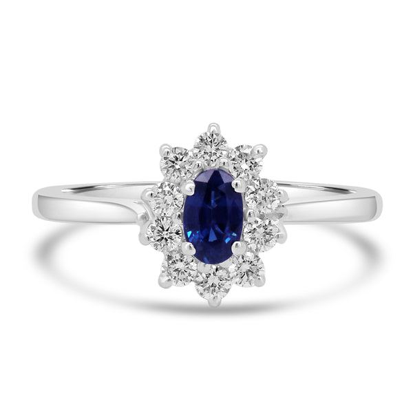 18ct White Gold 0.31ct Oval Cut Blue Sapphire And 0.27ct Round Brilliant Cut Diamond Cluster Ring