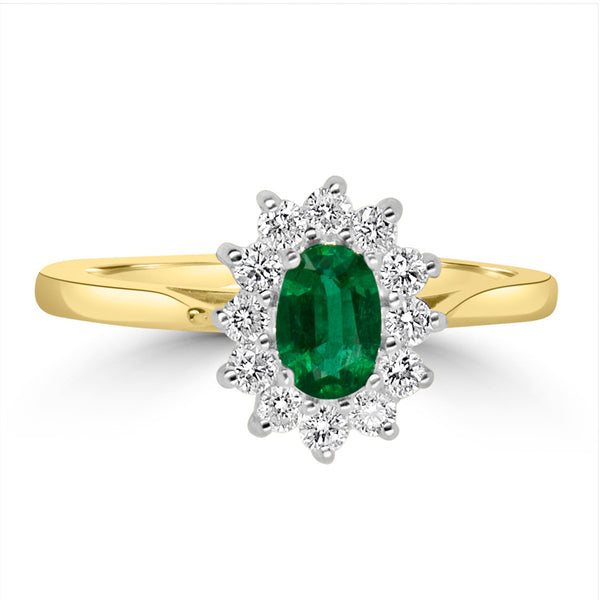 18ct Yellow And White Gold 0.32ct Oval Cut Emerald And 0.29ct Round Brilliant Cut Diamond Cluster Ring