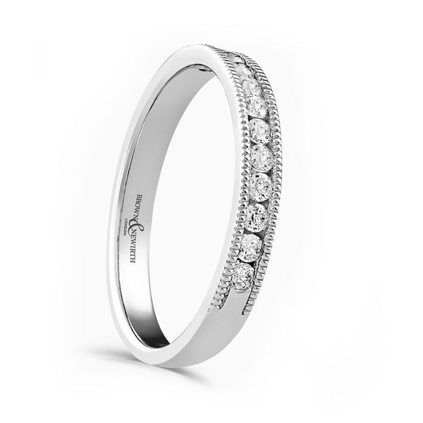 Platinum 0.20ct Round Brilliant Cut Diamond Channel Set Half Eternity Ring With Millgrain Detailing