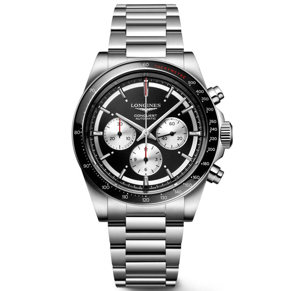 longines conquest 42mm black dial automatic watch one a steel bracelet front facing upright image