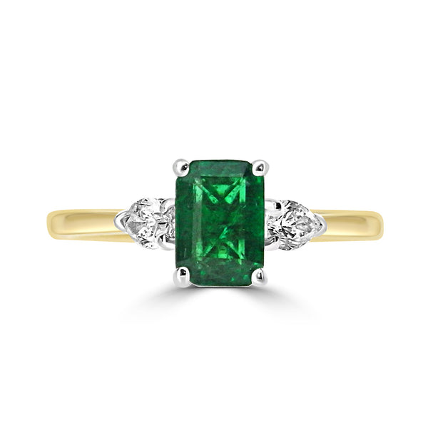 18ct Yellow Gold And Platinum 0.50ct Emerald Cut Emerald And 0.28ct Pear Cut Diamond Three Stone Engagement Ring