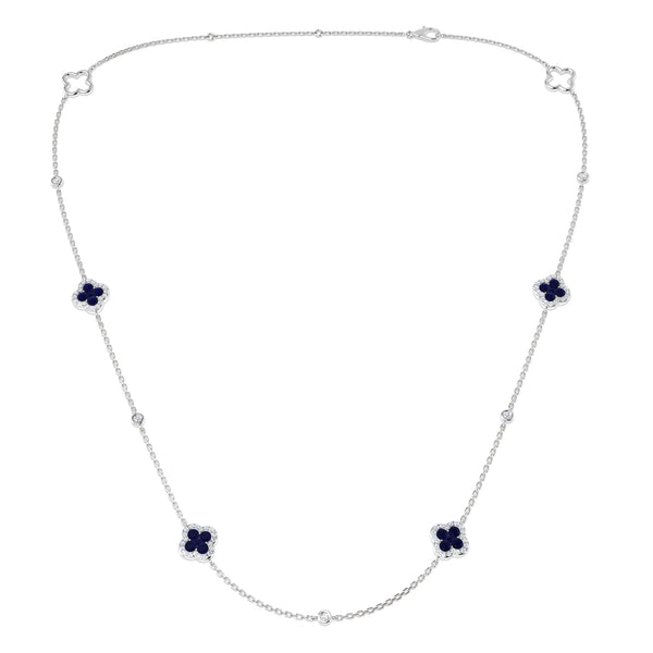 18ct White Gold 1.26ct Blue Sapphire And 0.44ct Diamond Clover Station Necklace