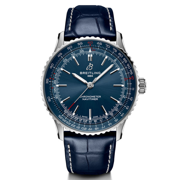 breitling navitimer 41mm blue dial steel on leather bracelet automatic gents watch front facing upright image