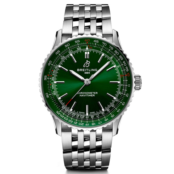 breitling navitimer 41mm green dial steel on steel bracelet automatic gents watch front facing upright image