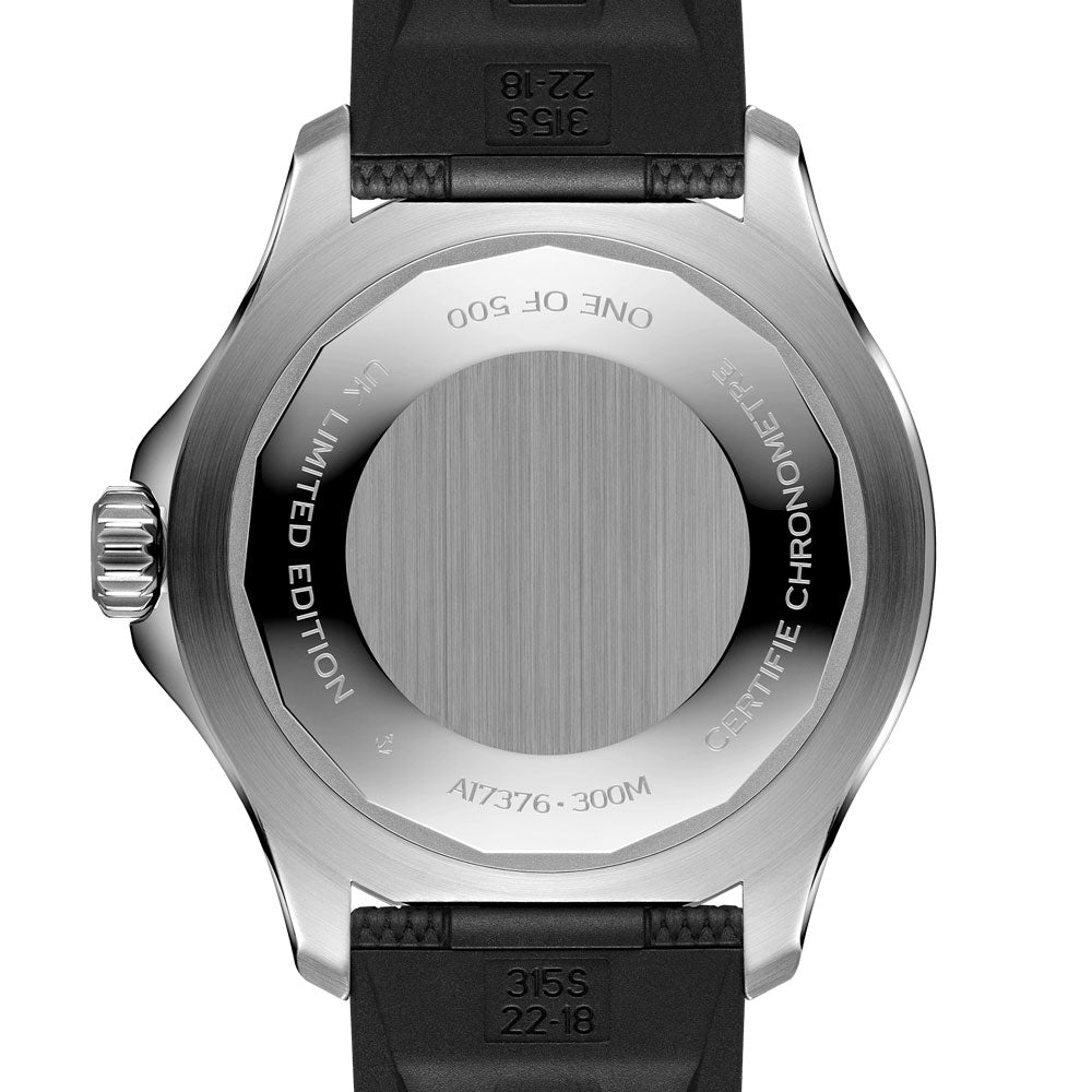 breitling superocean UK edition 44mm black dial steel on rubber strap automatic gents watch showing its screwed in caseback