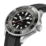 breitling superocean UK edition 44mm black dial steel on rubber strap automatic gents watch front side facing upright image