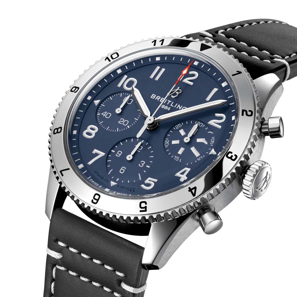 breitling classic avi tribute to vought f4u corsair 42mm blue dial automatic chronograph gents watch side view