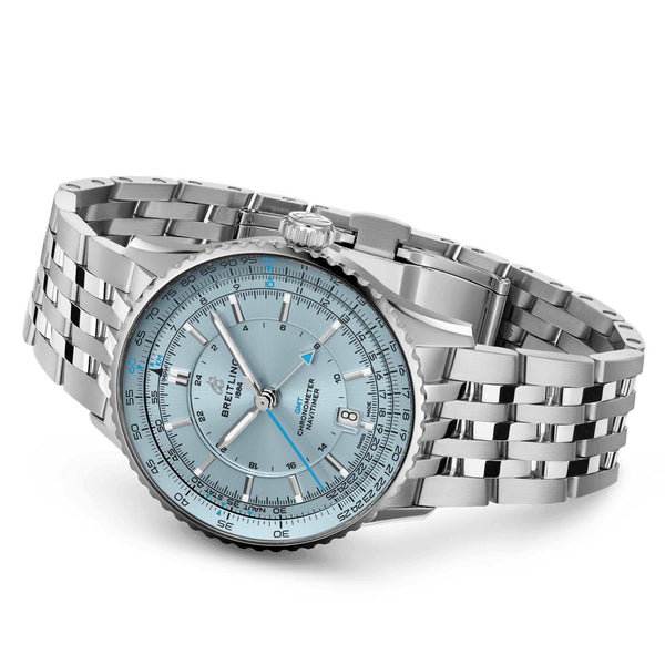 breitling navitimer gmt 41mm ice blue dial steel on steel bracelet automatic gents watch laying down image