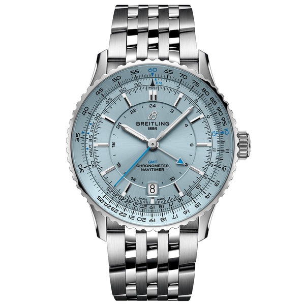 breitling navitimer gmt 41mm ice blue dial steel on steel bracelet automatic gents watch front facing upright image